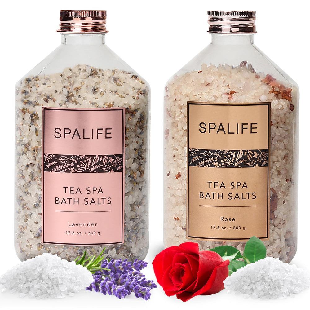 SpaLife Lavender bath salts closeup highlights calming aromatherapy.