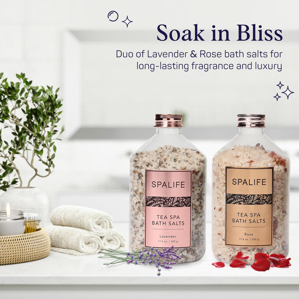 SpaLife Rose bath salts closeup emphasizes skin-soothing rose-infused care.