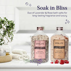 SpaLife Rose bath salts closeup emphasizes skin-soothing rose-infused care.