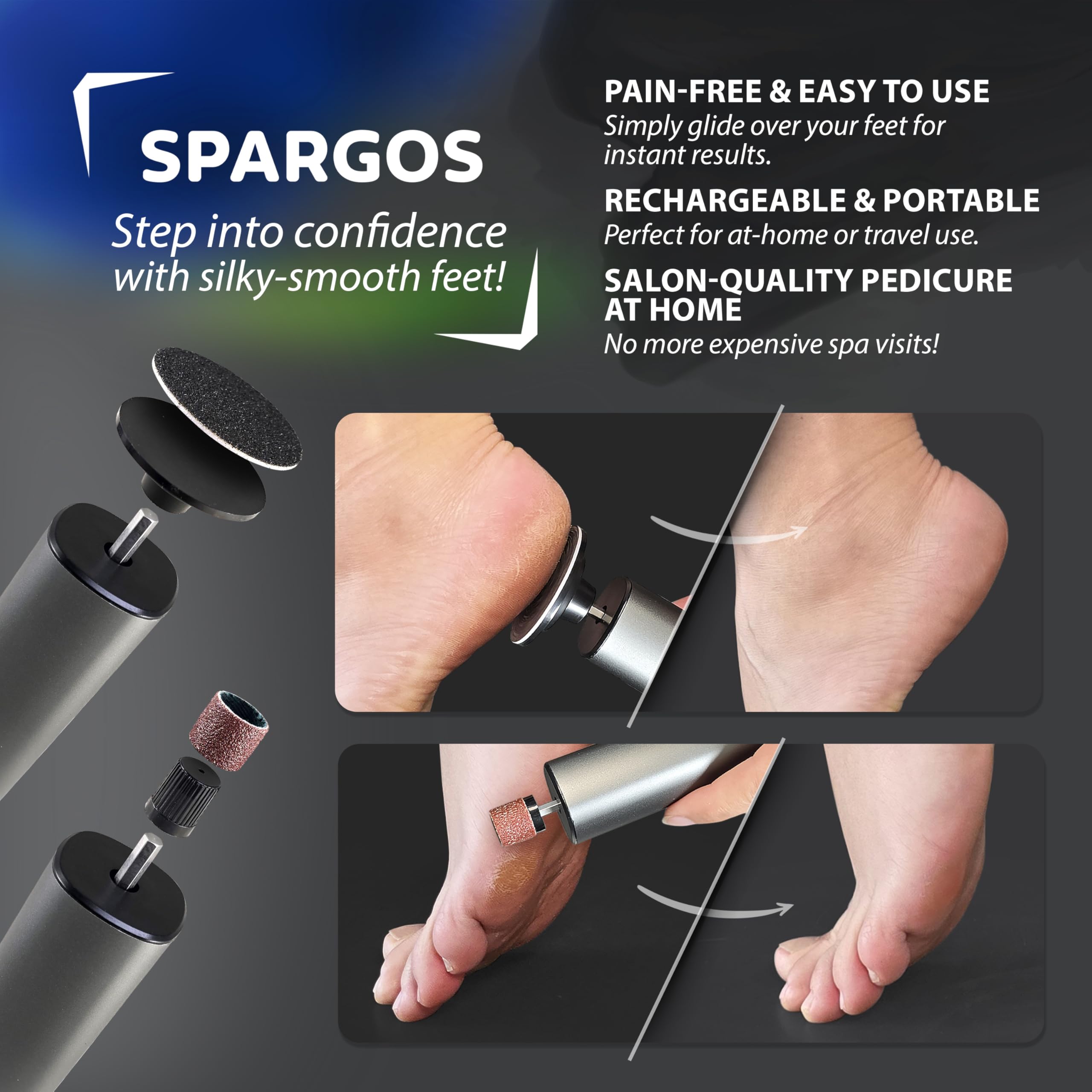 SPARGOS electric foot file with rechargeable battery enables long sessions