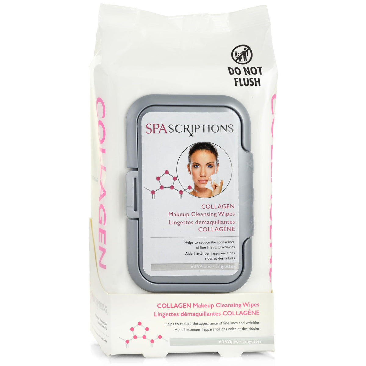 SpaScriptions collagen makeup cleansing wipes pack close-up with resealable lid, ideal for travel skincare.