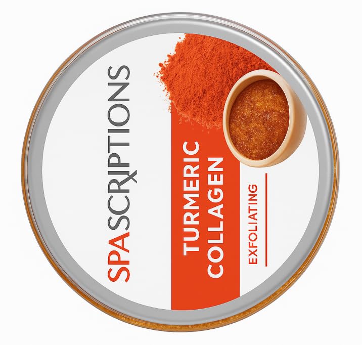 SpaScriptions Turmeric & Collagen scrub highlighting collagen for skin support.