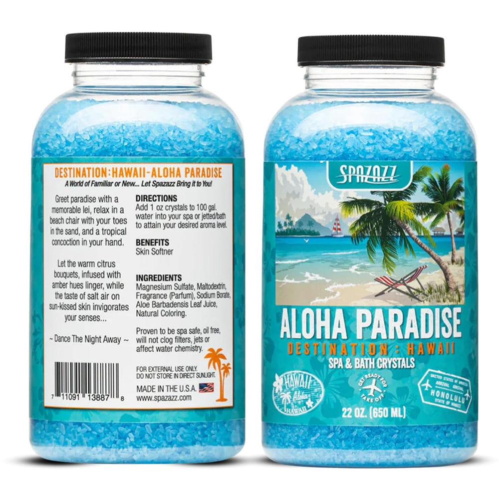 Close-up of fragrance notes from Spazazz Aloha Paradise for mood-enhancing aromatherapy.