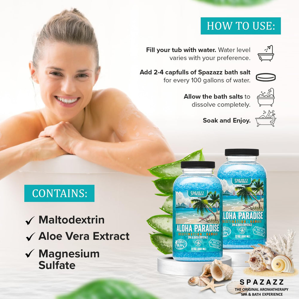 Ingredients include magnesium sulfate and fragrance for spa-grade experience.