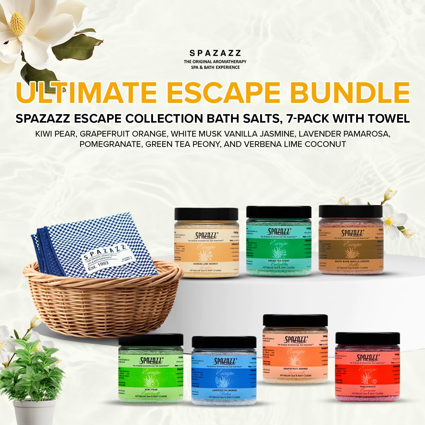 Spazazz Escape Grapefruit Orange salts brighten baths with citrus notes.
