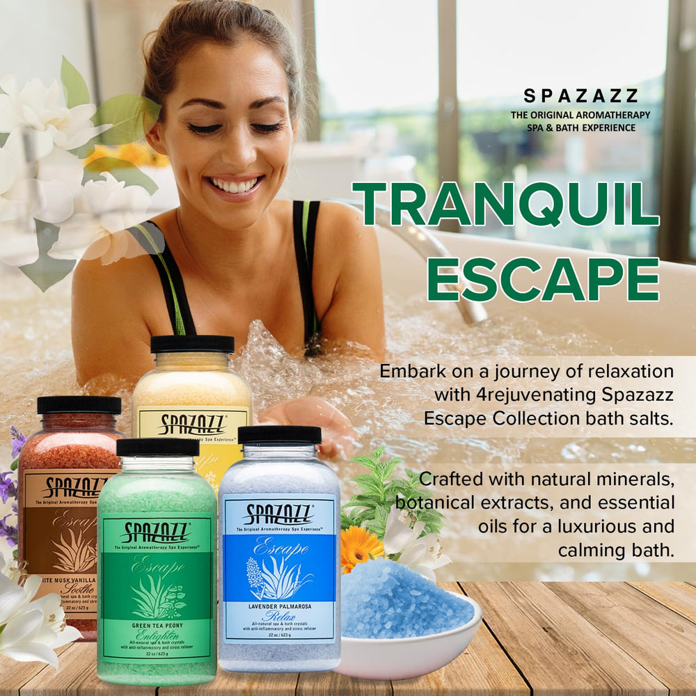 Spazazz Escape Green Tea Peony salts delivering an Enlightening aromatherapy experience.