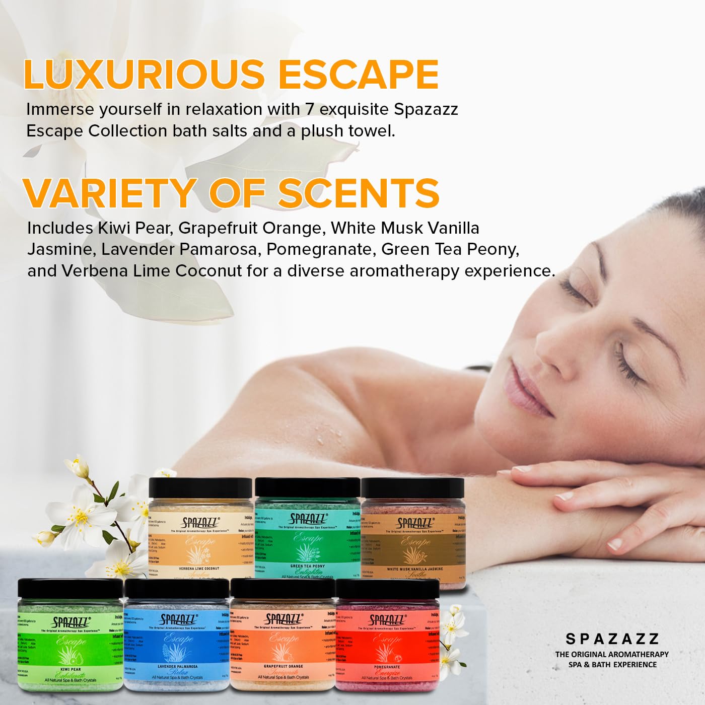 Spazazz Escape Green Tea Peony salts offer a serene, refreshing aroma.