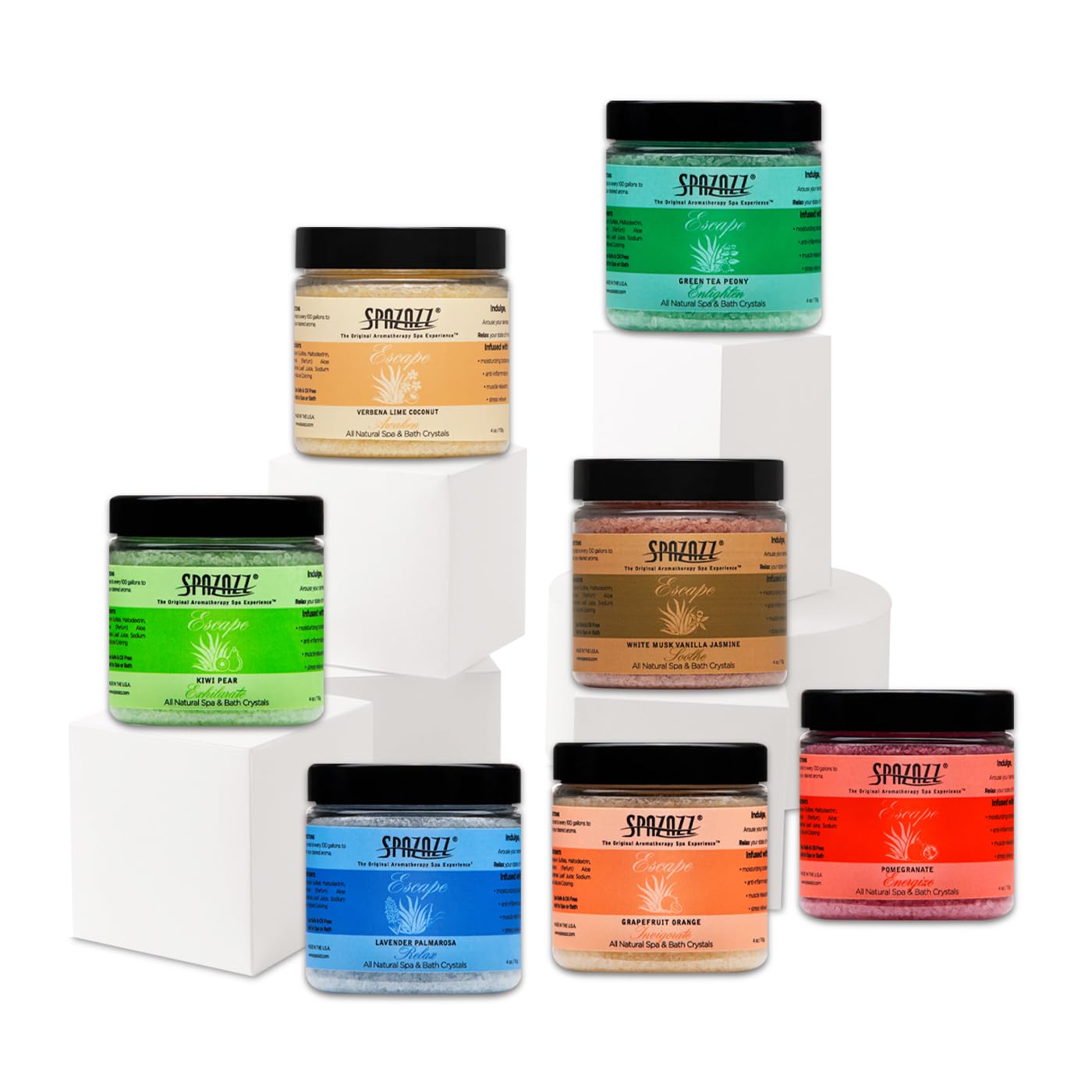 Spazazz Escape Kiwi Pear salts for fruity, uplifting tub experience.