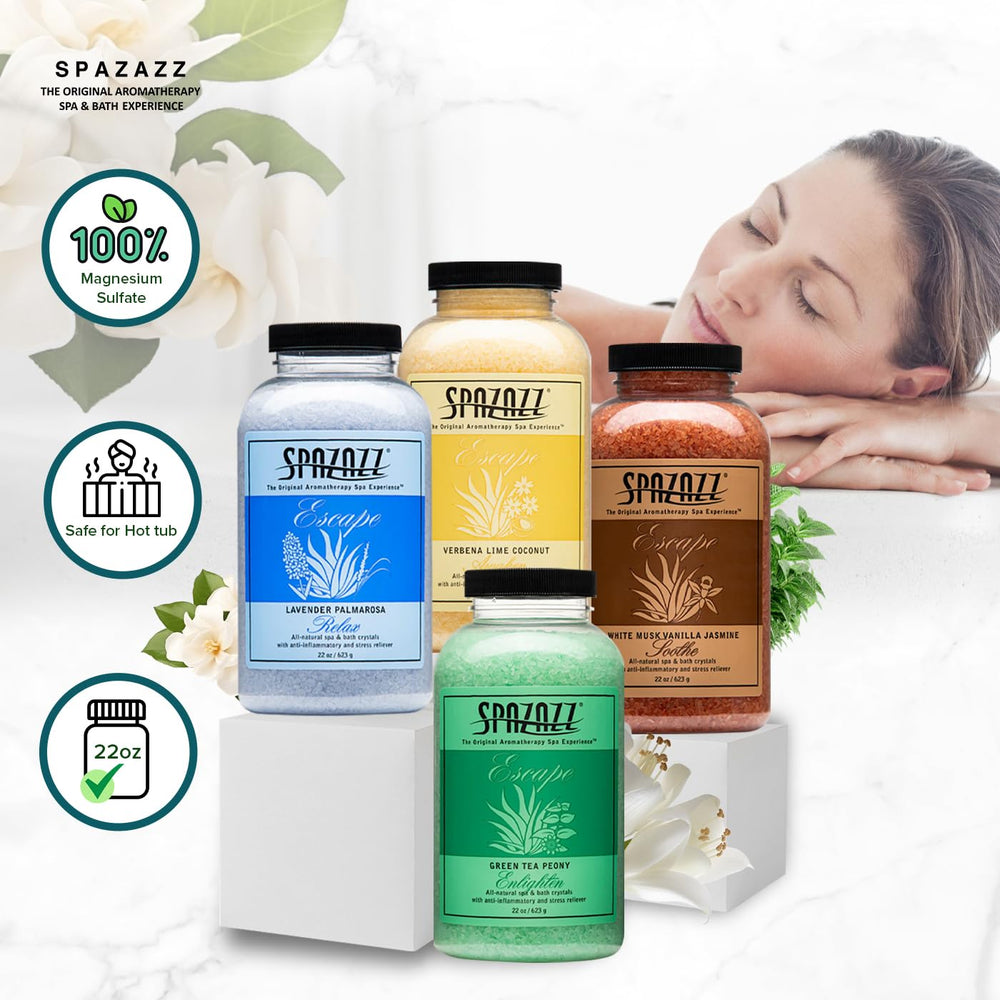 Spazazz Escape Verbena Lime Coconut salts for an uplifting bath experience.