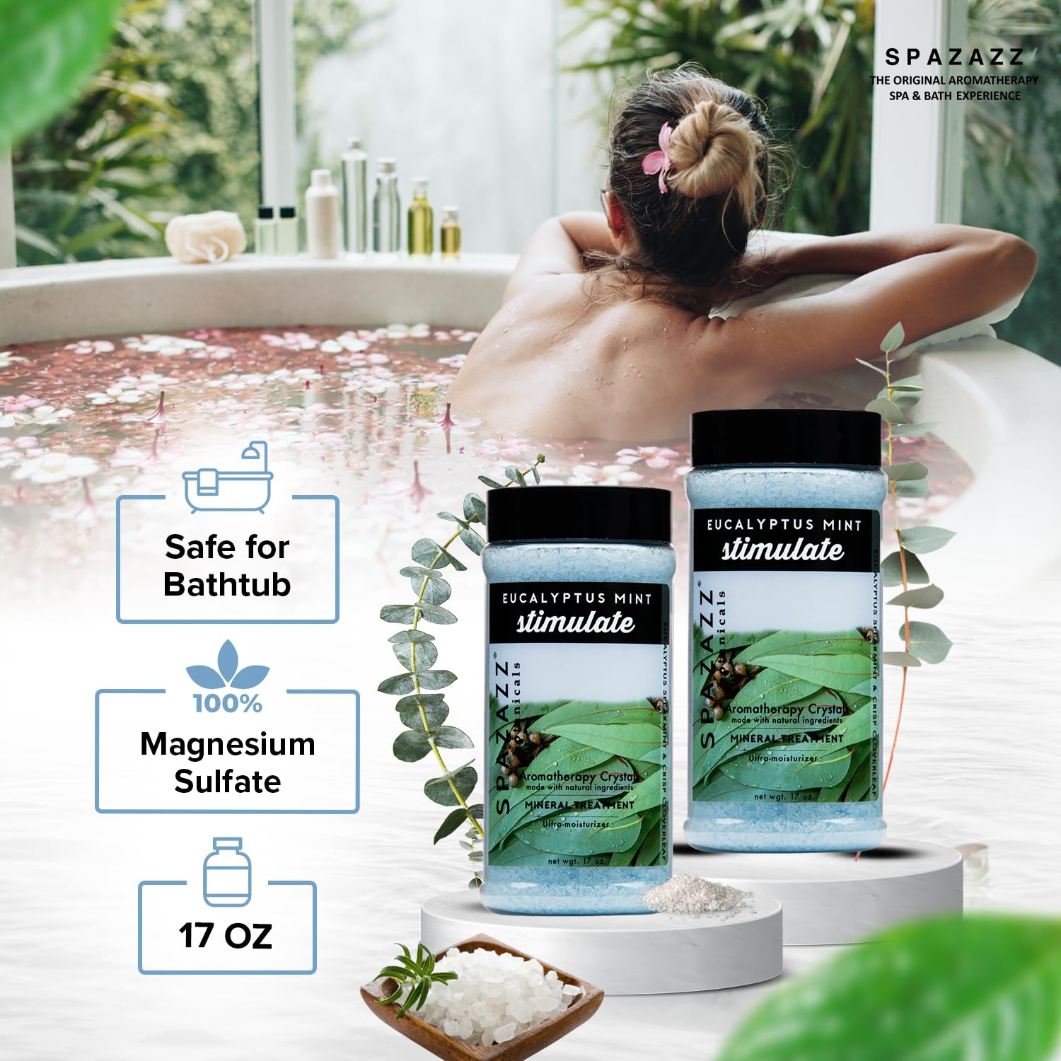 Spazazz Eucalyptus Mint leaves closeup evokes refreshing spa aroma.