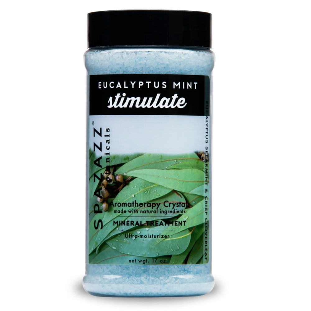 Spazazz Eucalyptus Mint spa crystals bottle pour for easy luxe bath ritual.