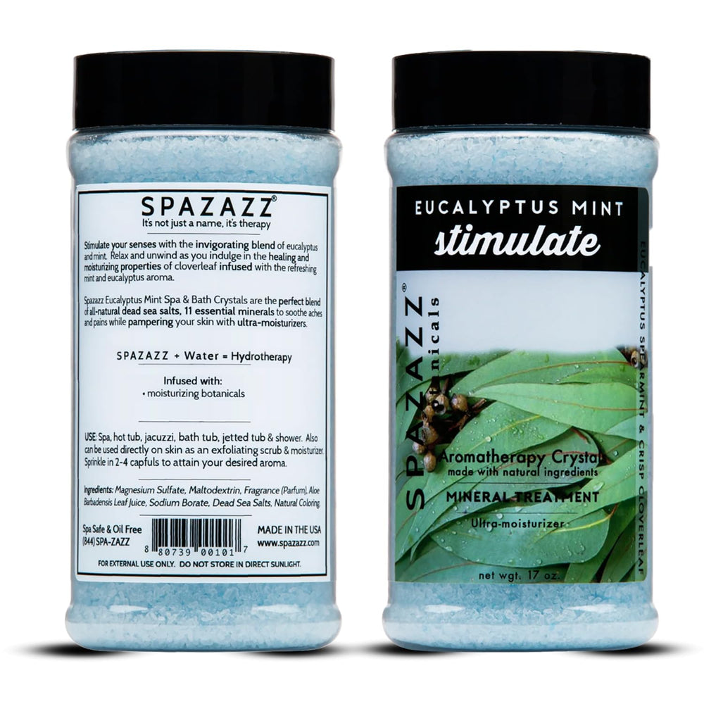 Spazazz Eucalyptus Mint bath crystals closeup texture highlighting mineral-rich soak.