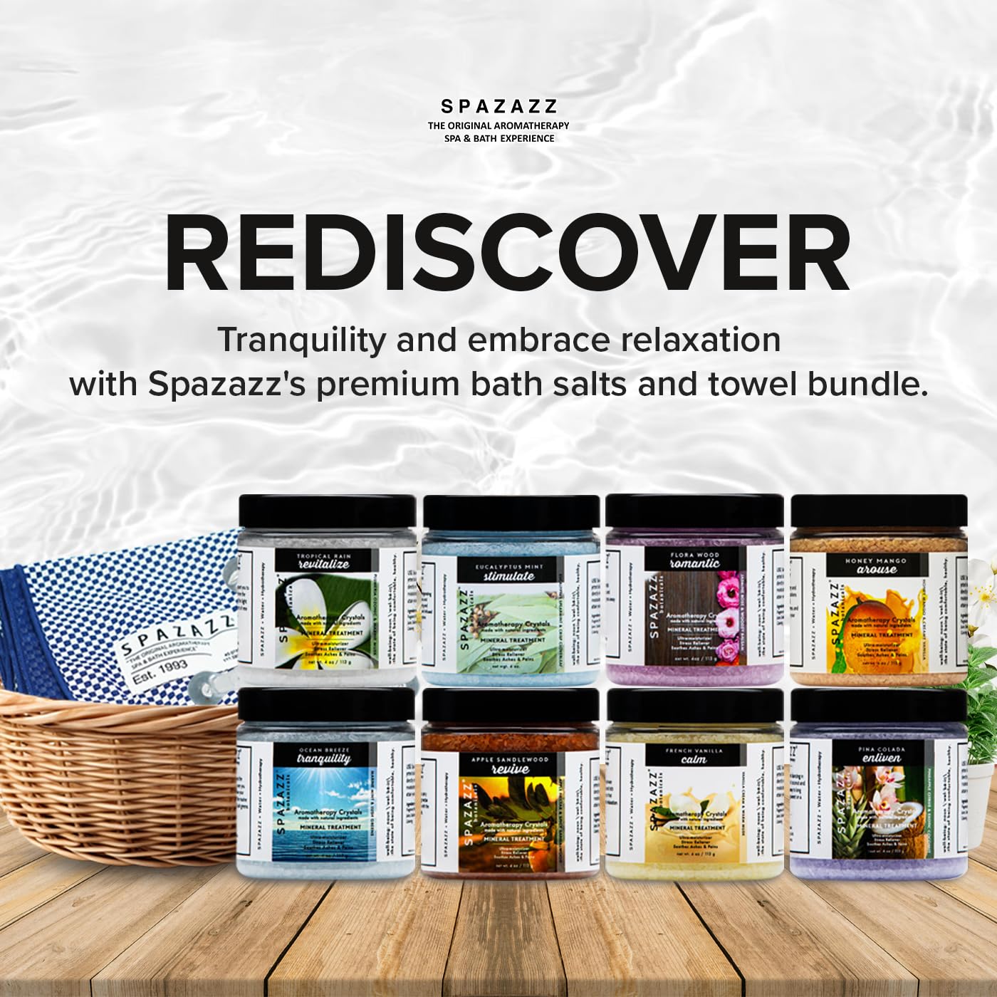 Spazazz Flora Wood bath salt with nature-inspired fragrance.