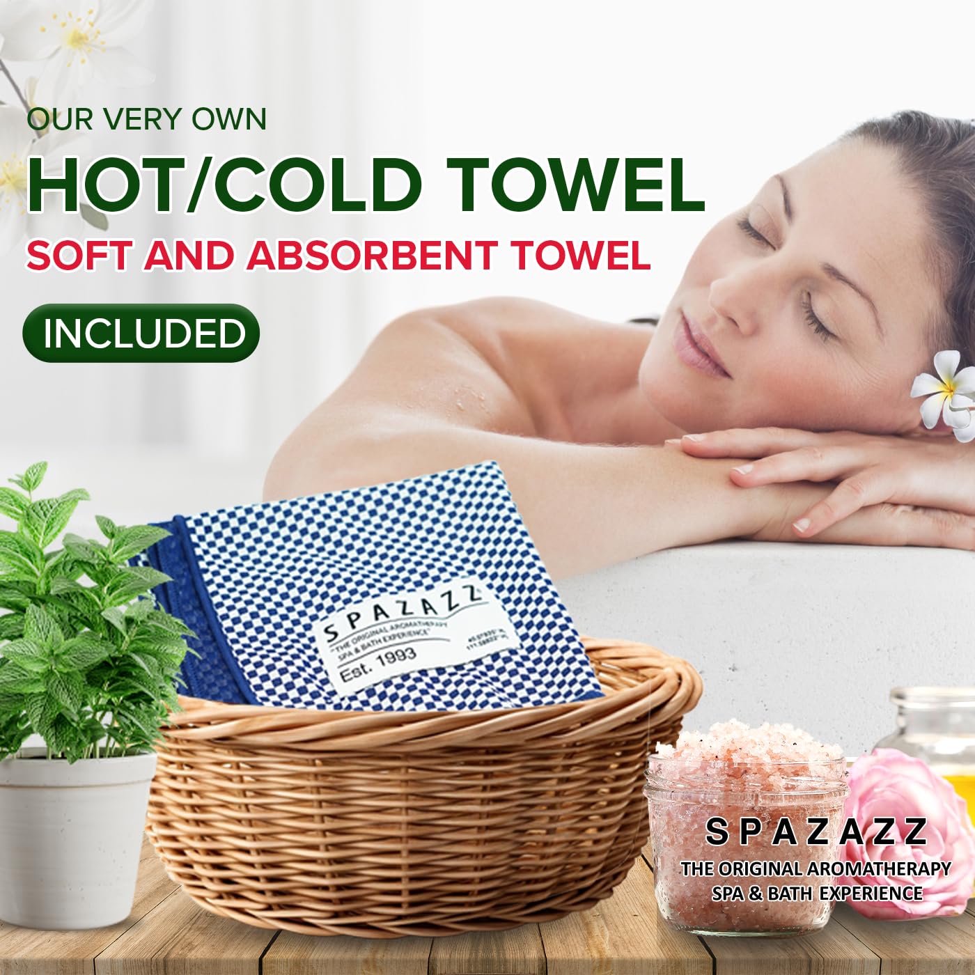 Spazazz Hot Cold Towel paired with salts for temperature contrast and relief.