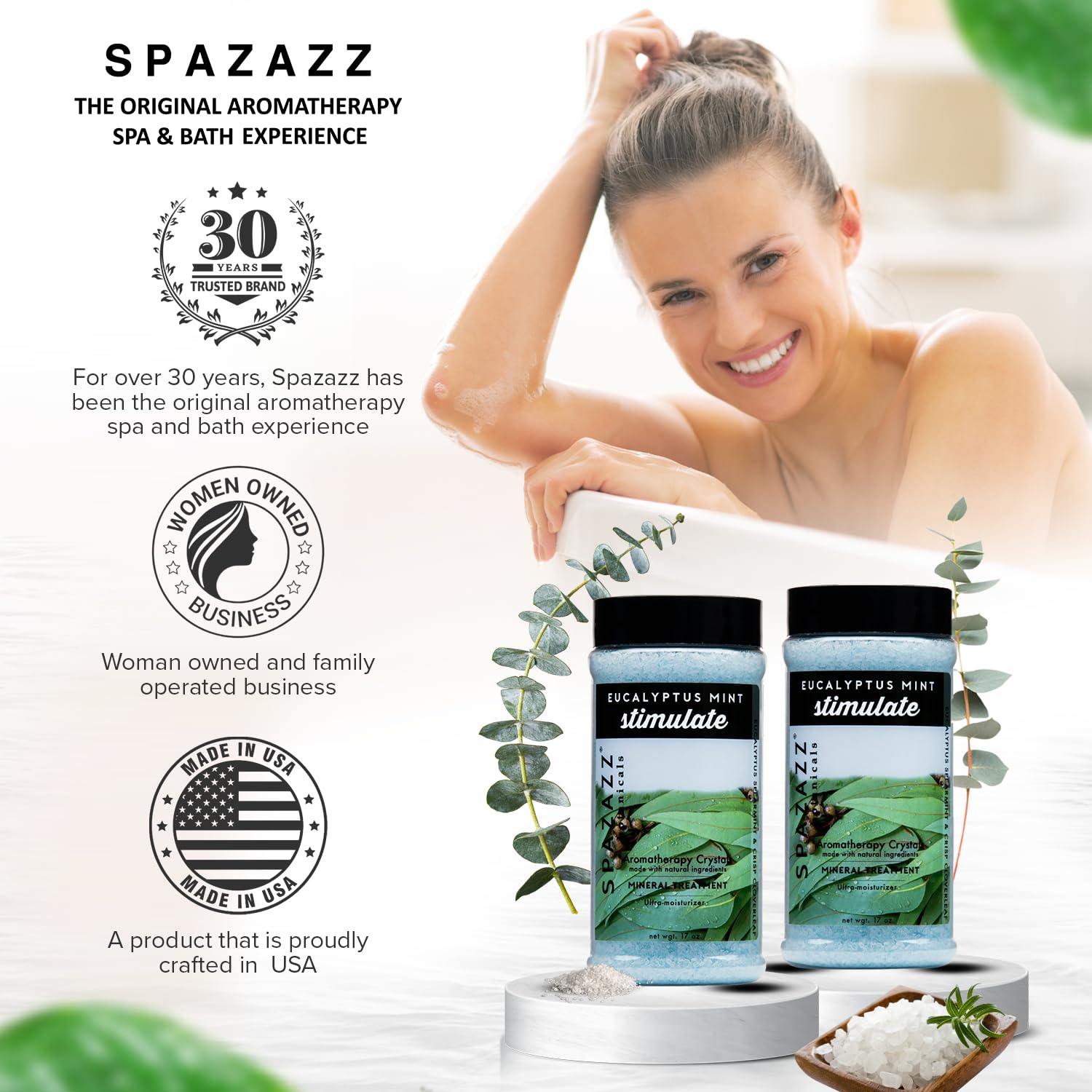 Spazazz Mint and Eucalyptus aroma visual conveys refreshing aromatherapy ritual.