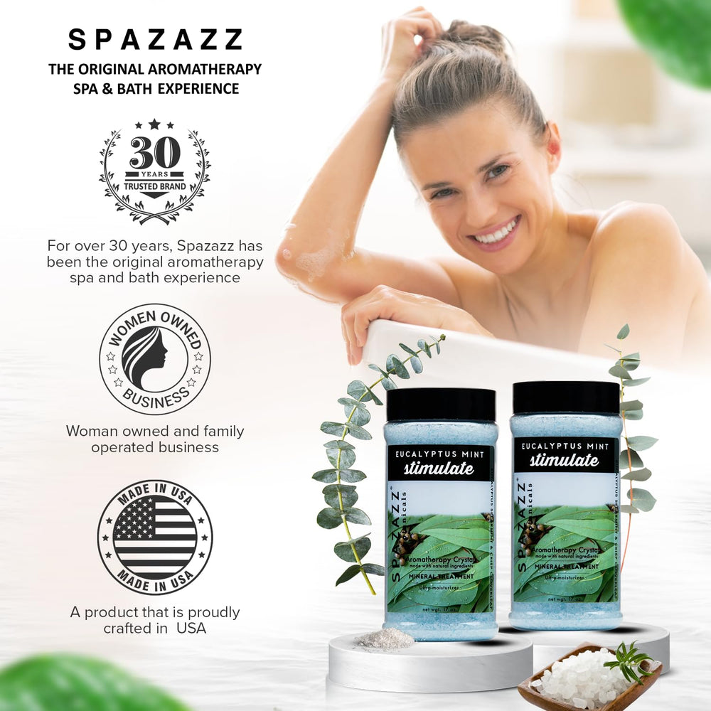 Spazazz Mint and Eucalyptus aroma visual conveys refreshing aromatherapy ritual.