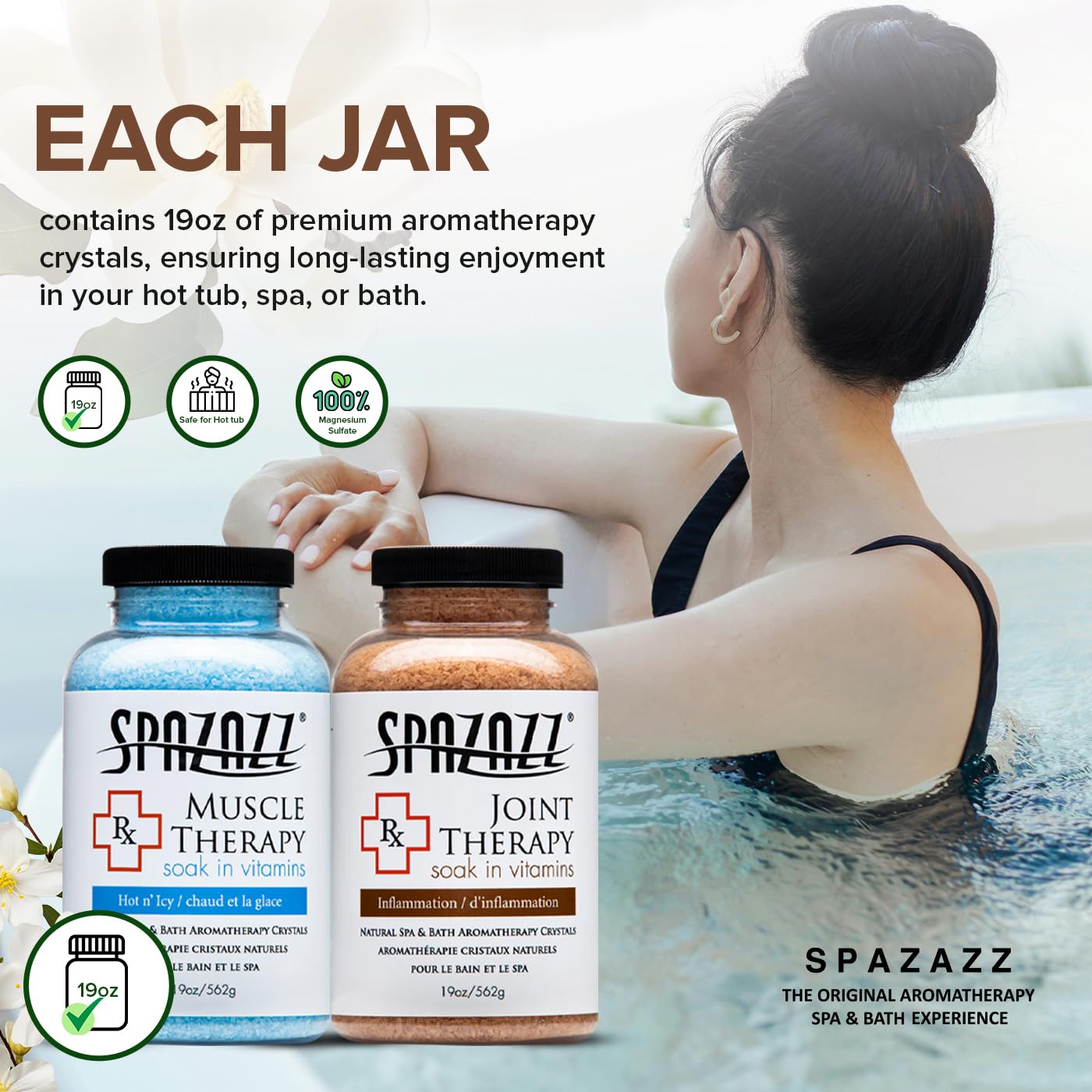 Spazazz Muscle Therapy bath salt jar designed to ease tired muscles during a soak.