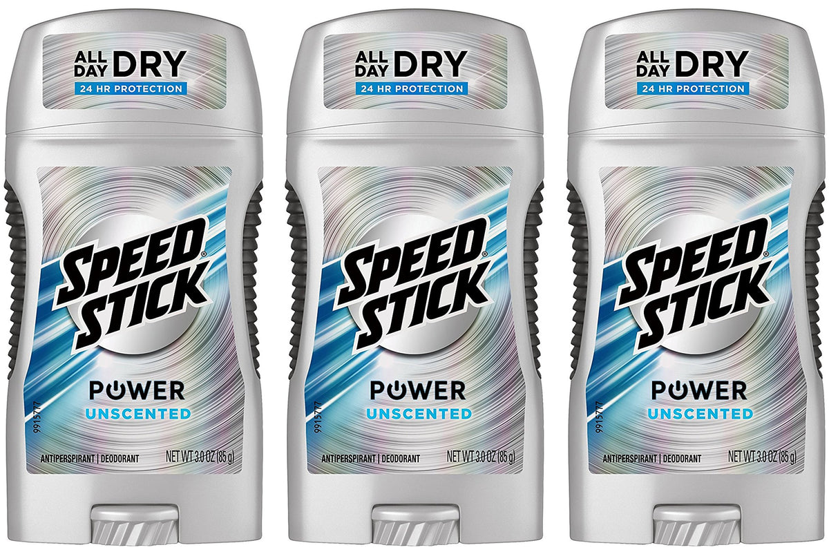 Speed Stick unscented anti-perspirant stick close-up shows powder-solid texture for all-day dryness