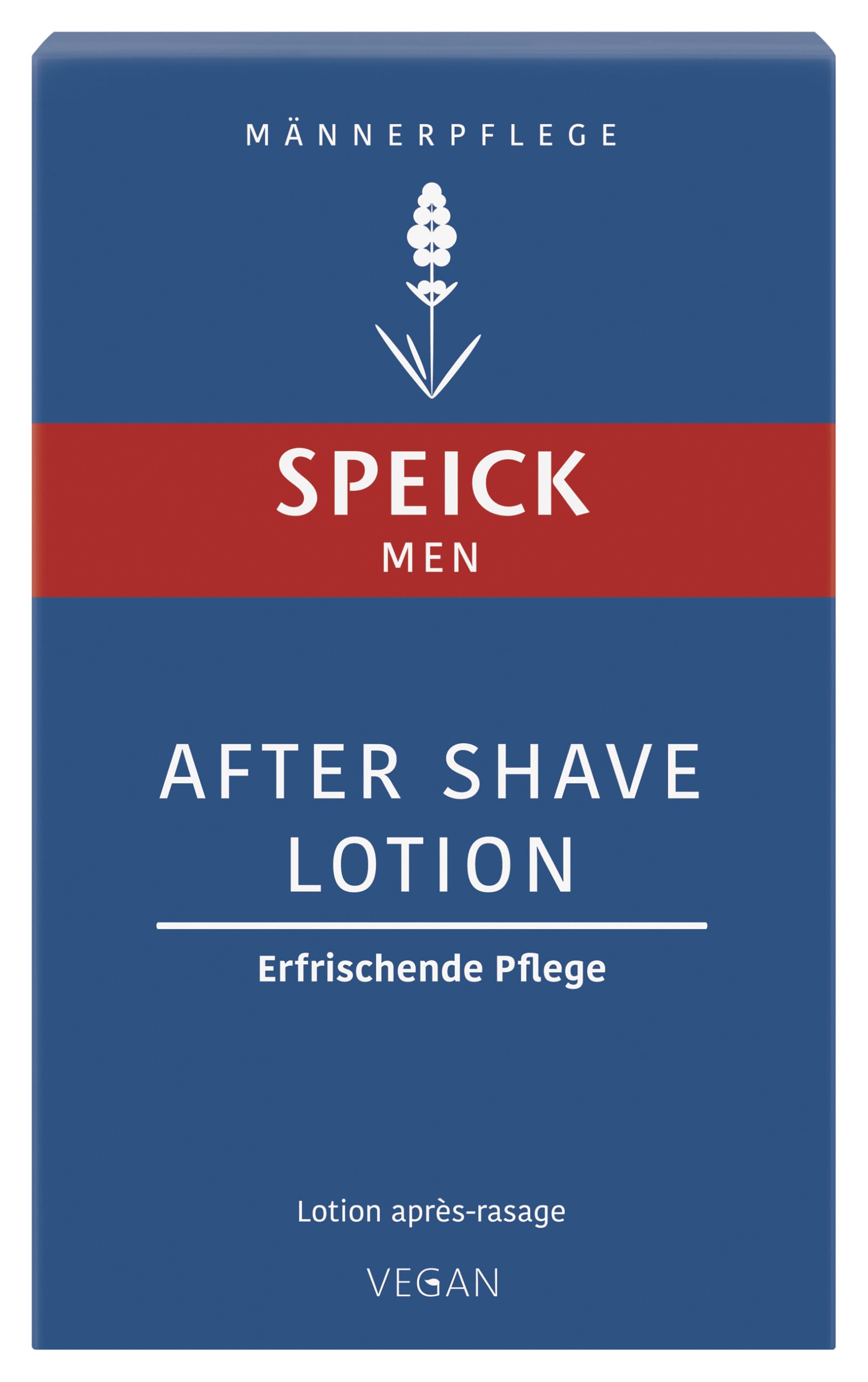 Speick After Shave Lotion packaging on shelf highlighting vegan formula for balanced skin.