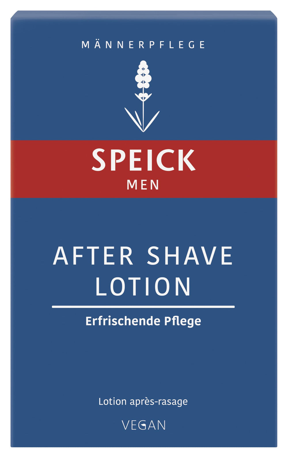 Speick After Shave Lotion packaging on shelf highlighting vegan formula for balanced skin.