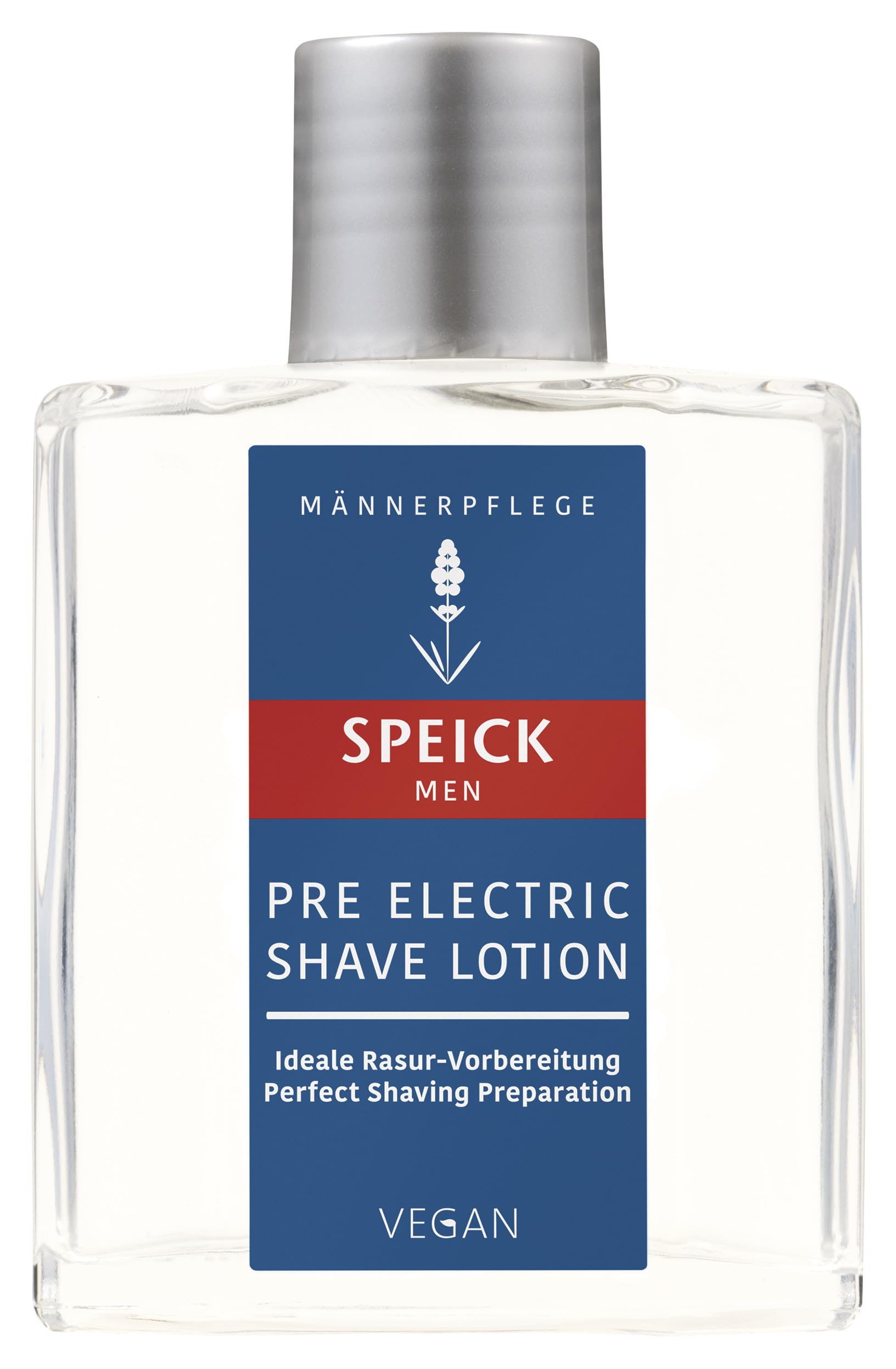 Speick Men Pre Electric Shave Lotion bottle closeup with lavender infusion for prepping skin