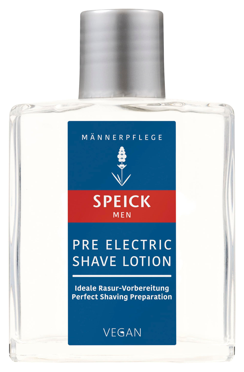 Speick Men Pre Electric Shave Lotion bottle closeup with lavender infusion for prepping skin