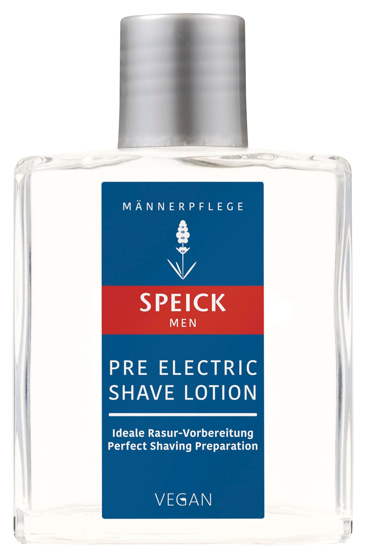 Speick Men Pre Electric Shave Lotion bottle closeup with lavender infusion for prepping skin