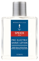 Speick Men Pre Electric Shave Lotion bottle closeup with lavender infusion for prepping skin