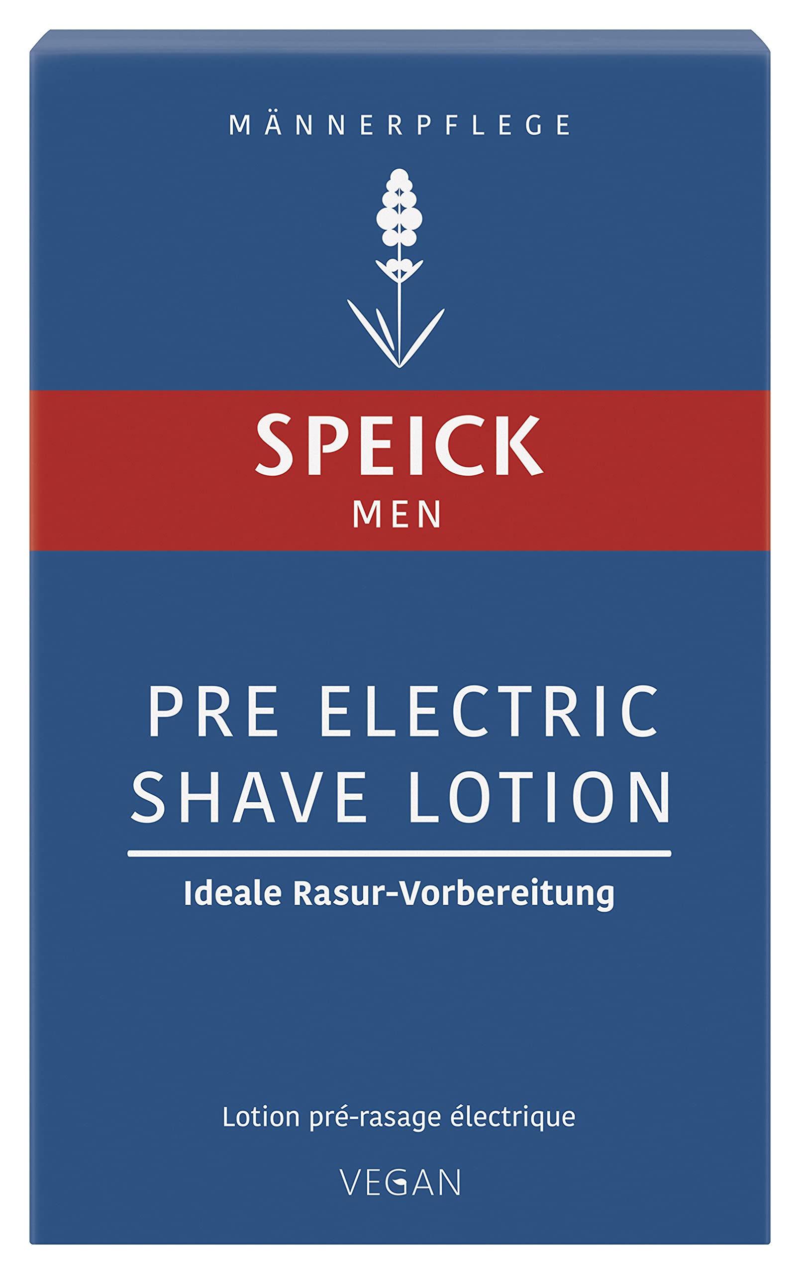 Speick Men Pre Electric Shave Lotion label packaging highlighting vegan formula and German origins