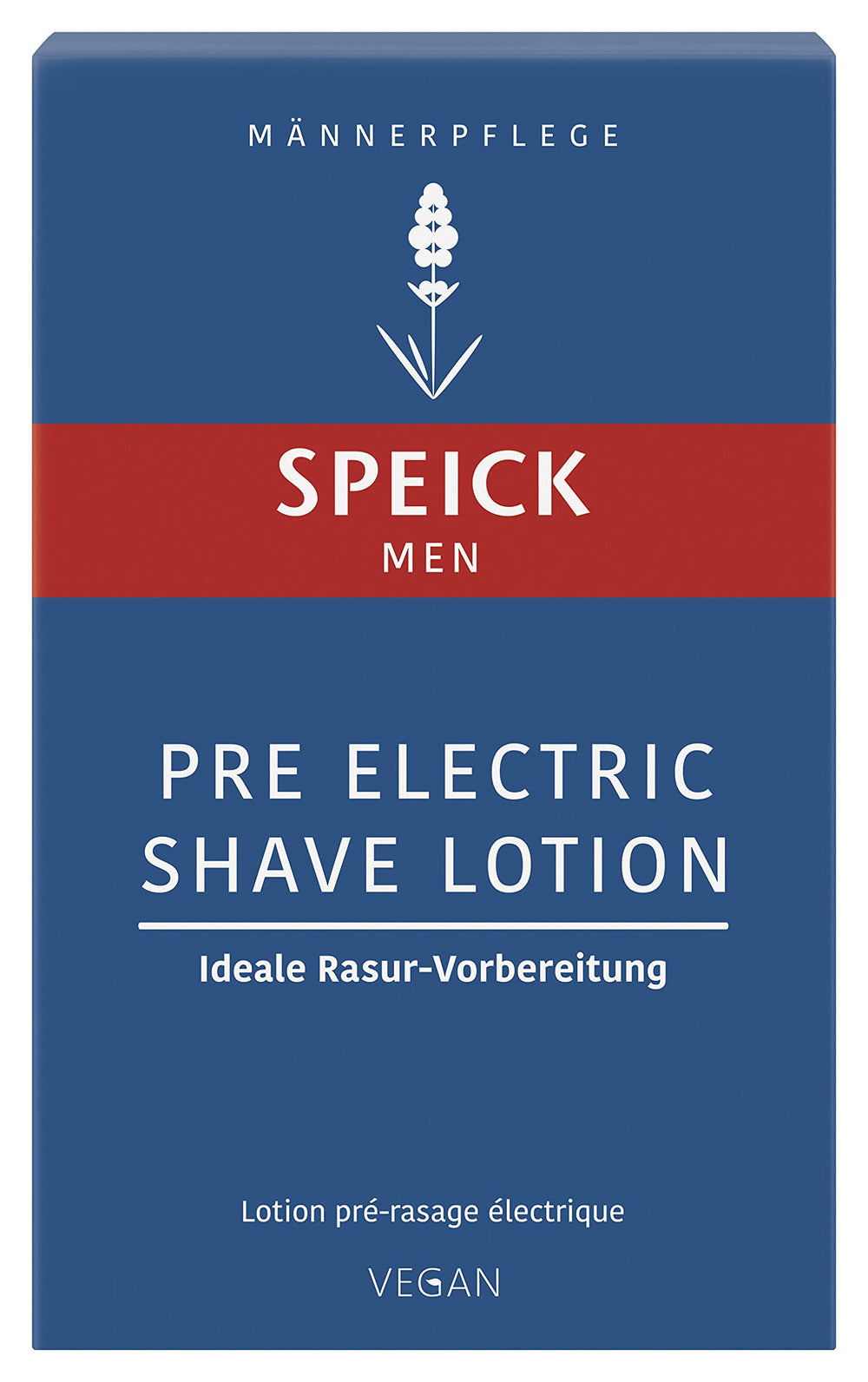 Speick Men Pre Electric Shave Lotion label packaging highlighting vegan formula and German origins