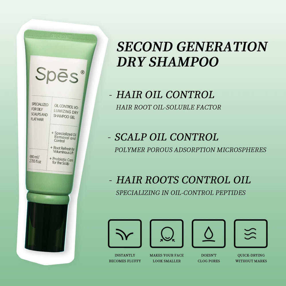Spes Dry Shampoo Second Generation gel absorbs oil for clean, refreshed hair.