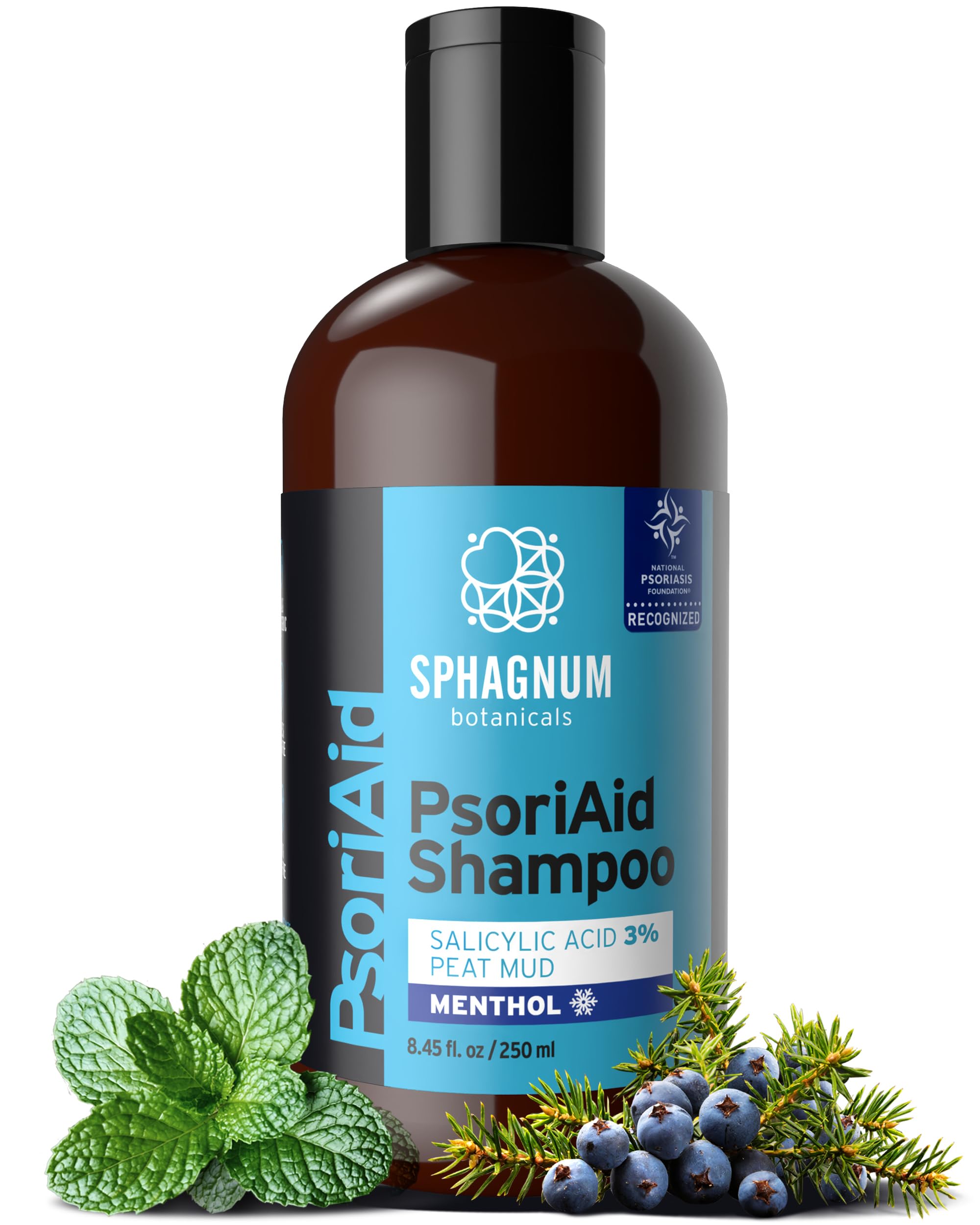 Sphagnum Botanicals psoriasis shampoo bottle with soothing sulfate-free formula for dry scalp