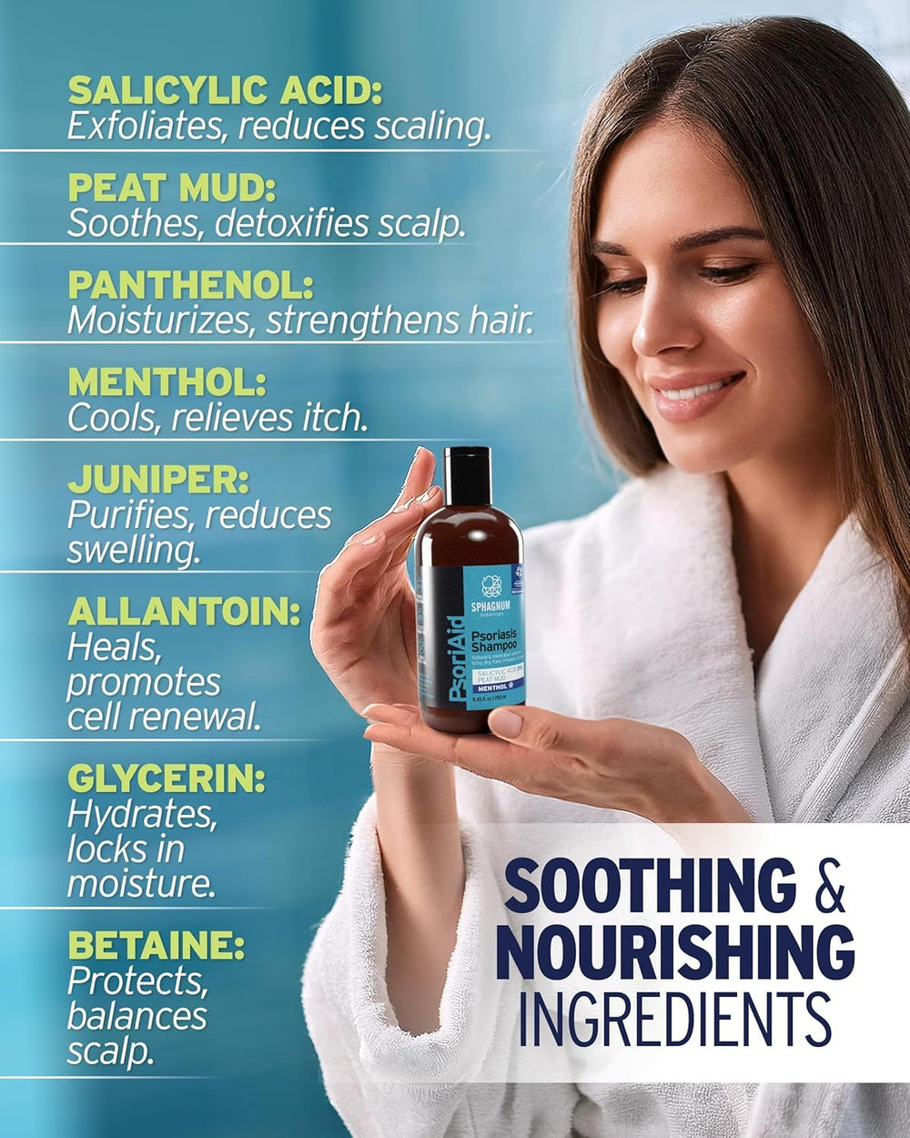 Sphagnum Botanicals psoriasis shampoo packaging highlights eco-friendly, dermatologist-tested formula