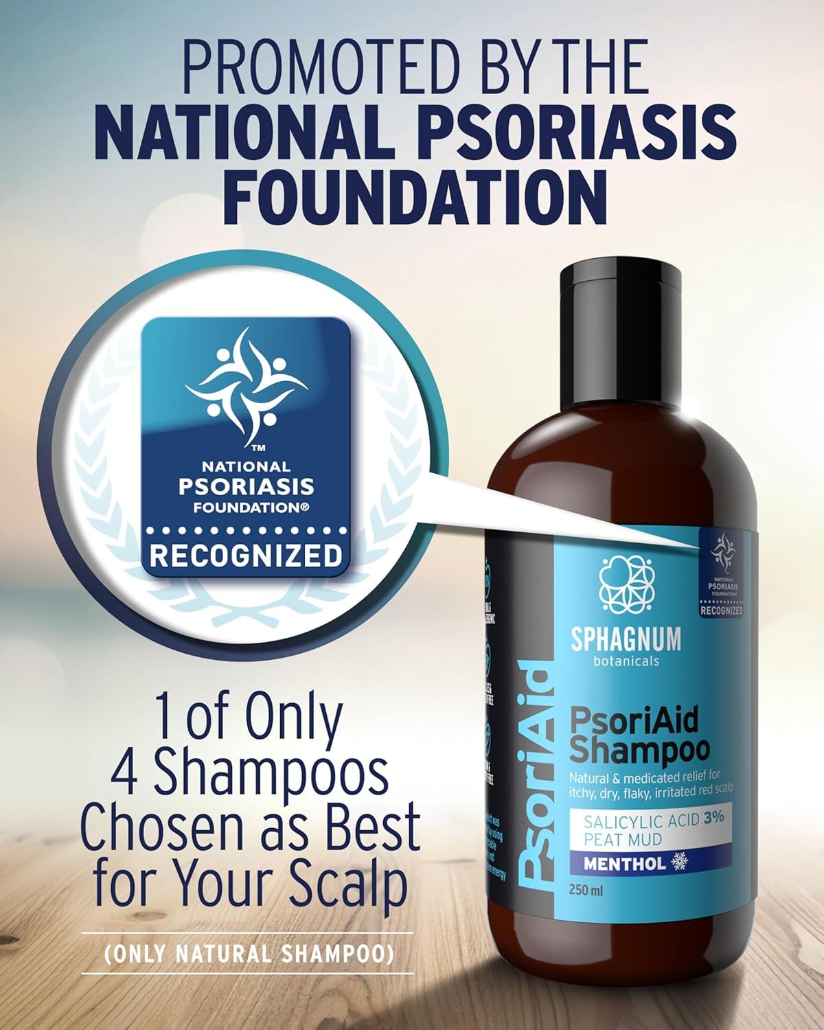 Sphagnum Botanicals psoriasis shampoo bottle in the shower suggests gentle cleansing routine