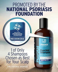 Sphagnum Botanicals psoriasis shampoo bottle in the shower suggests gentle cleansing routine