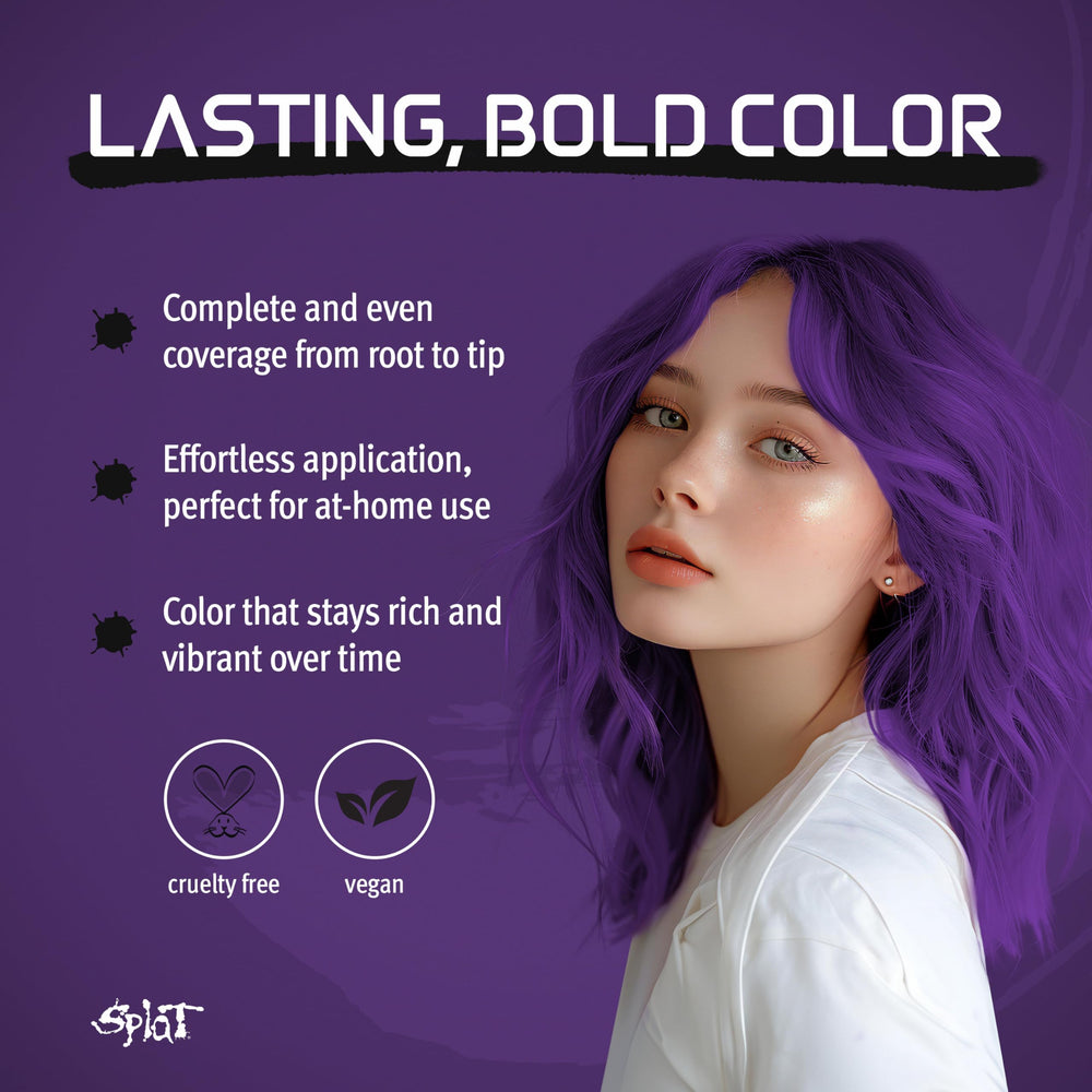 Splat Lusty Lavender blue bleach powder lifts yellow tones for vivid lavender.