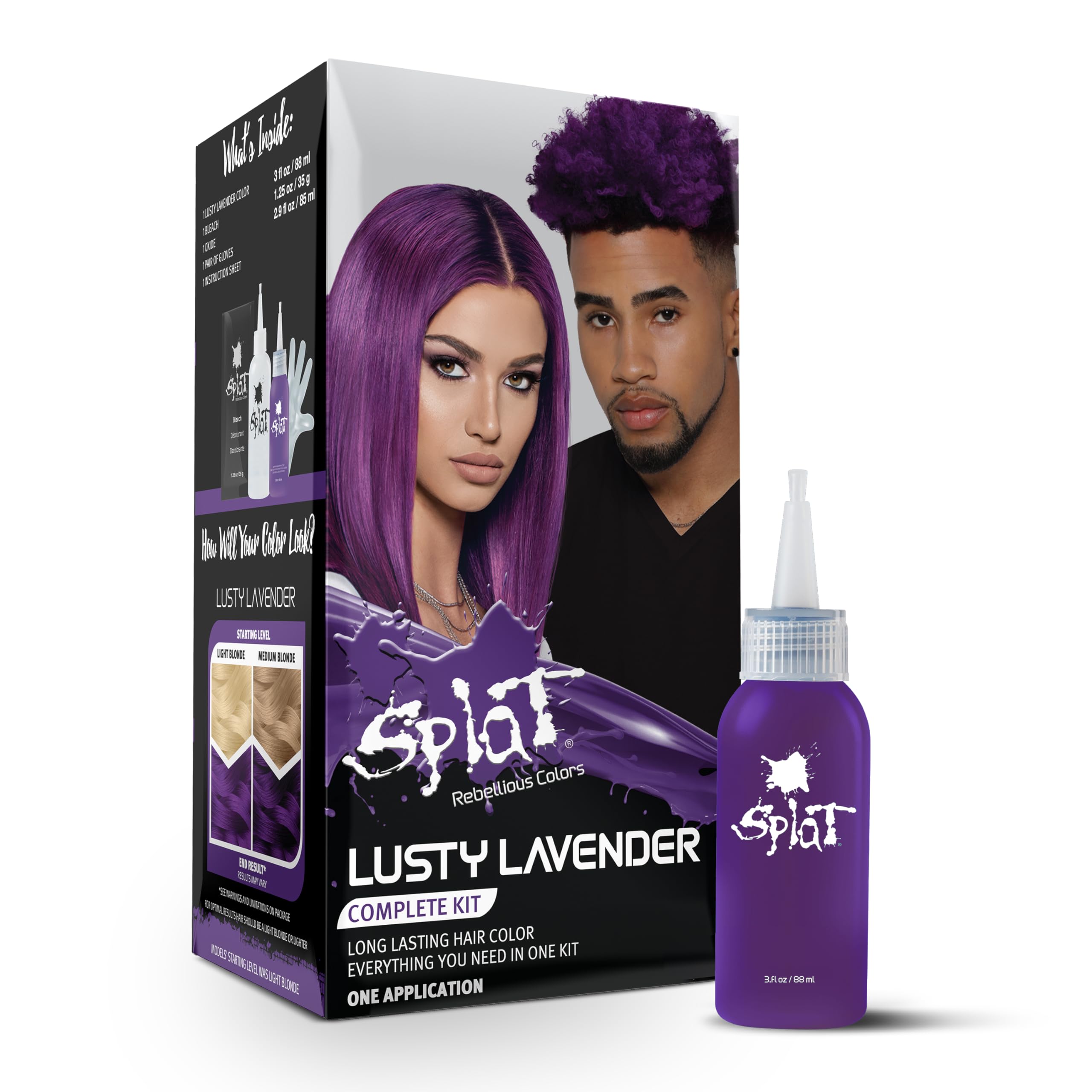Splat Lusty Lavender dye bottle for bold purple color at home with salon-like results.