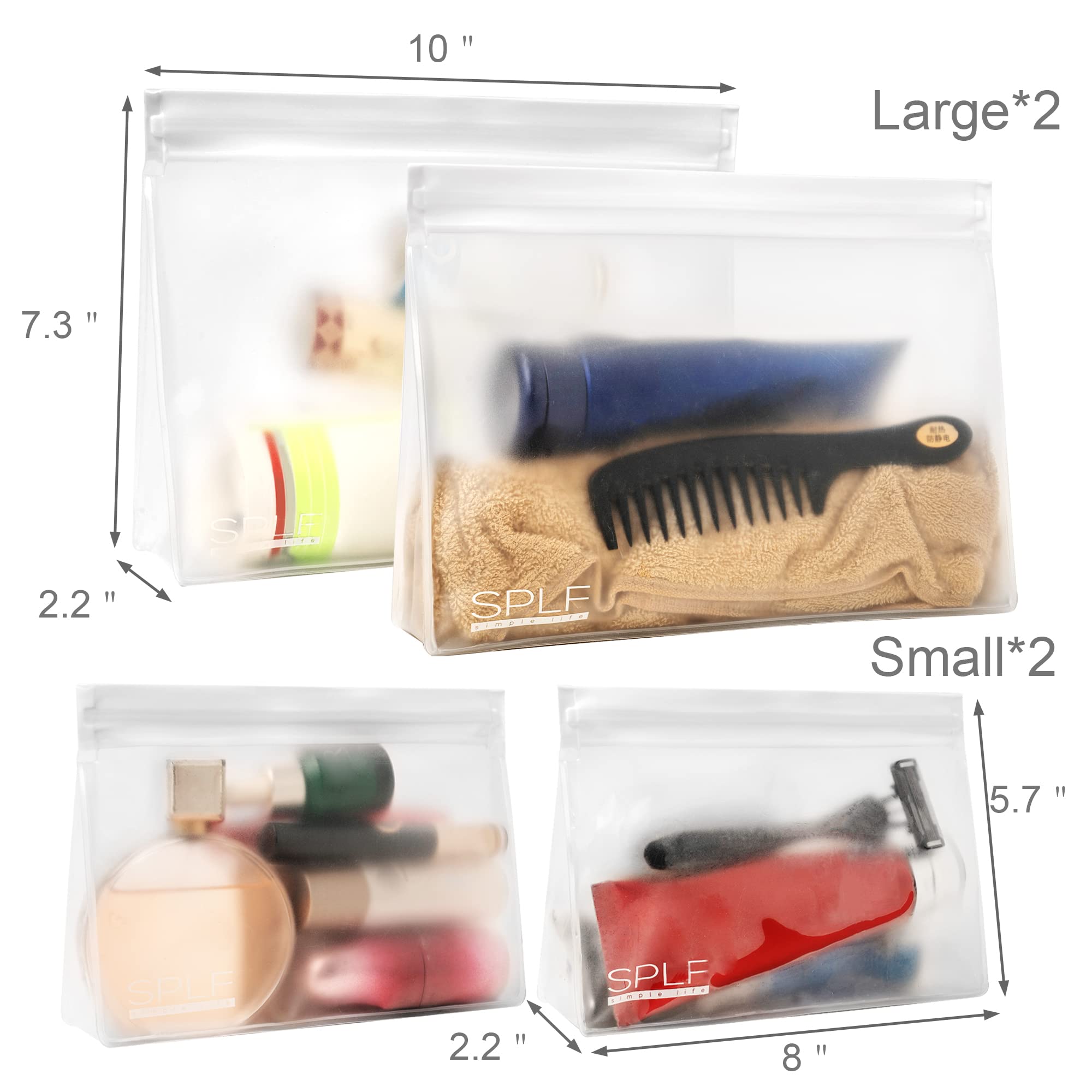 SPLF leakproof clear toiletry bags 4-pack open zip illustrates easy access and sealing.
