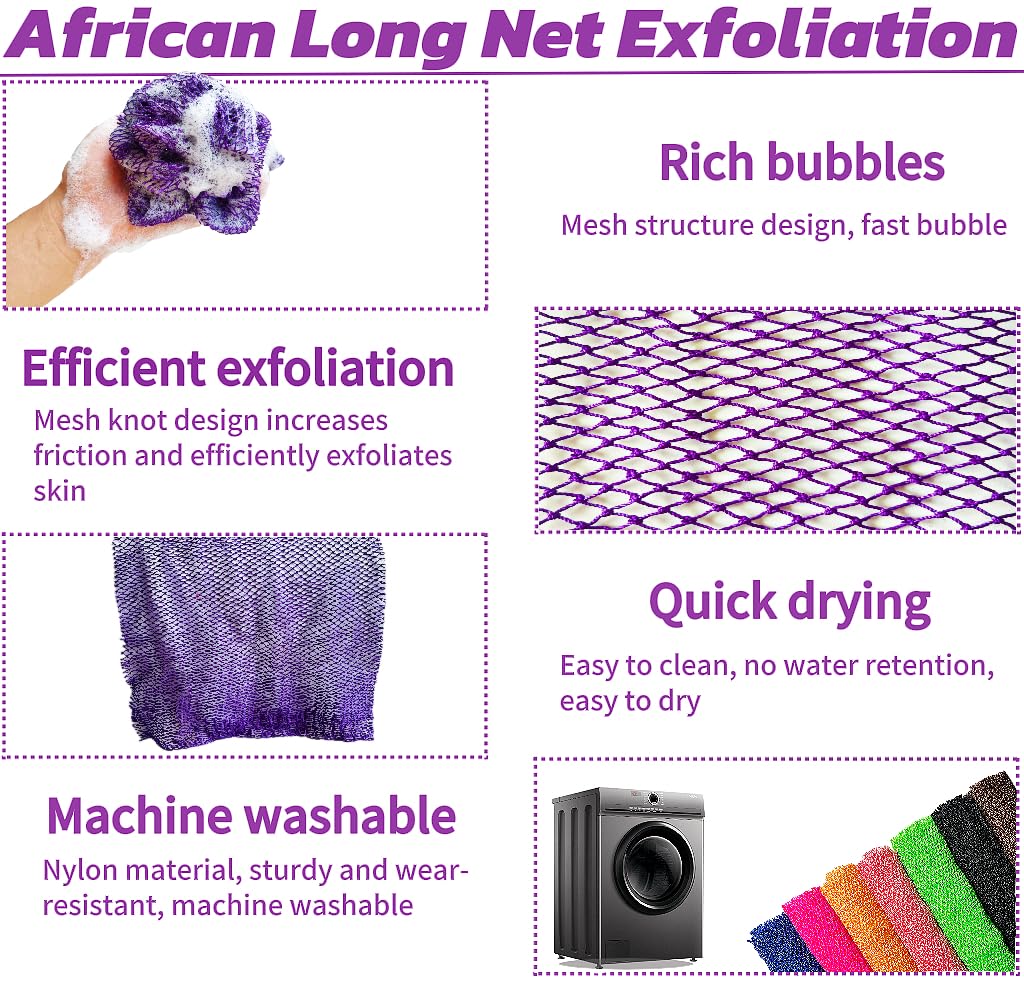 SPMKTBOZAI African Net Sponge in shower demonstrates back-scrubber exfoliation.