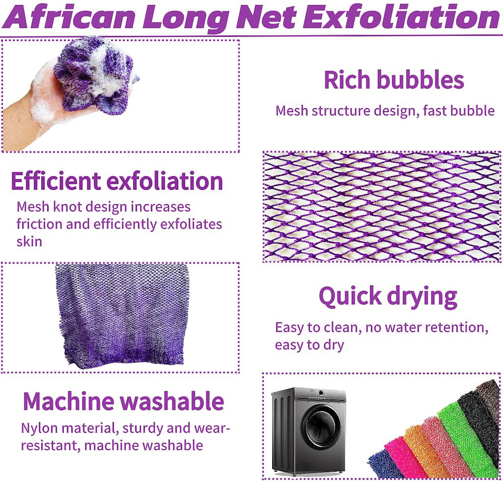 SPMKTBOZAI African Net Sponge in shower demonstrates back-scrubber exfoliation.