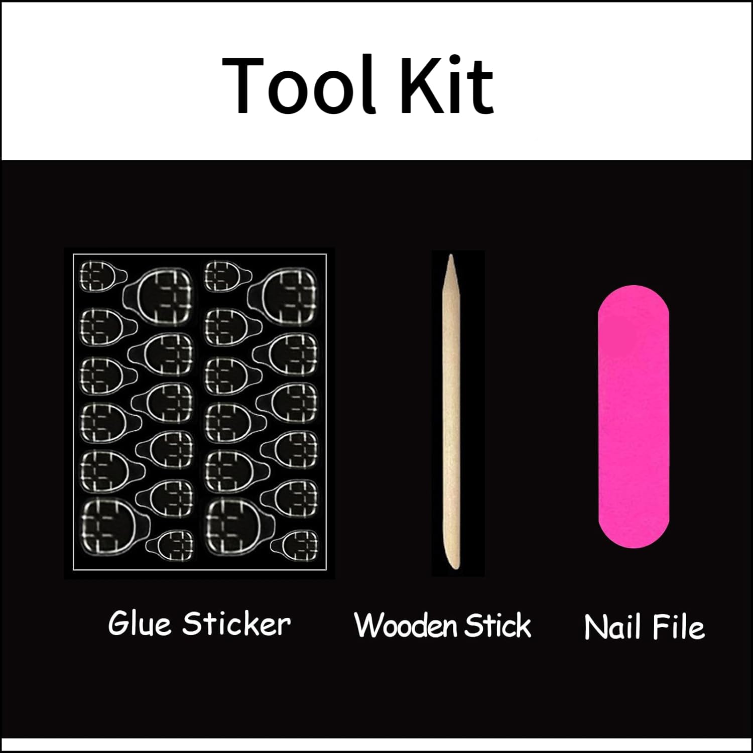 SPNBCQ packaging with 24 nails and tools for DIY nail art at home.