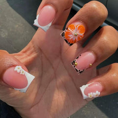 SPNBCQ short press on nails leopard French tip closeup for chic party-ready manicure.