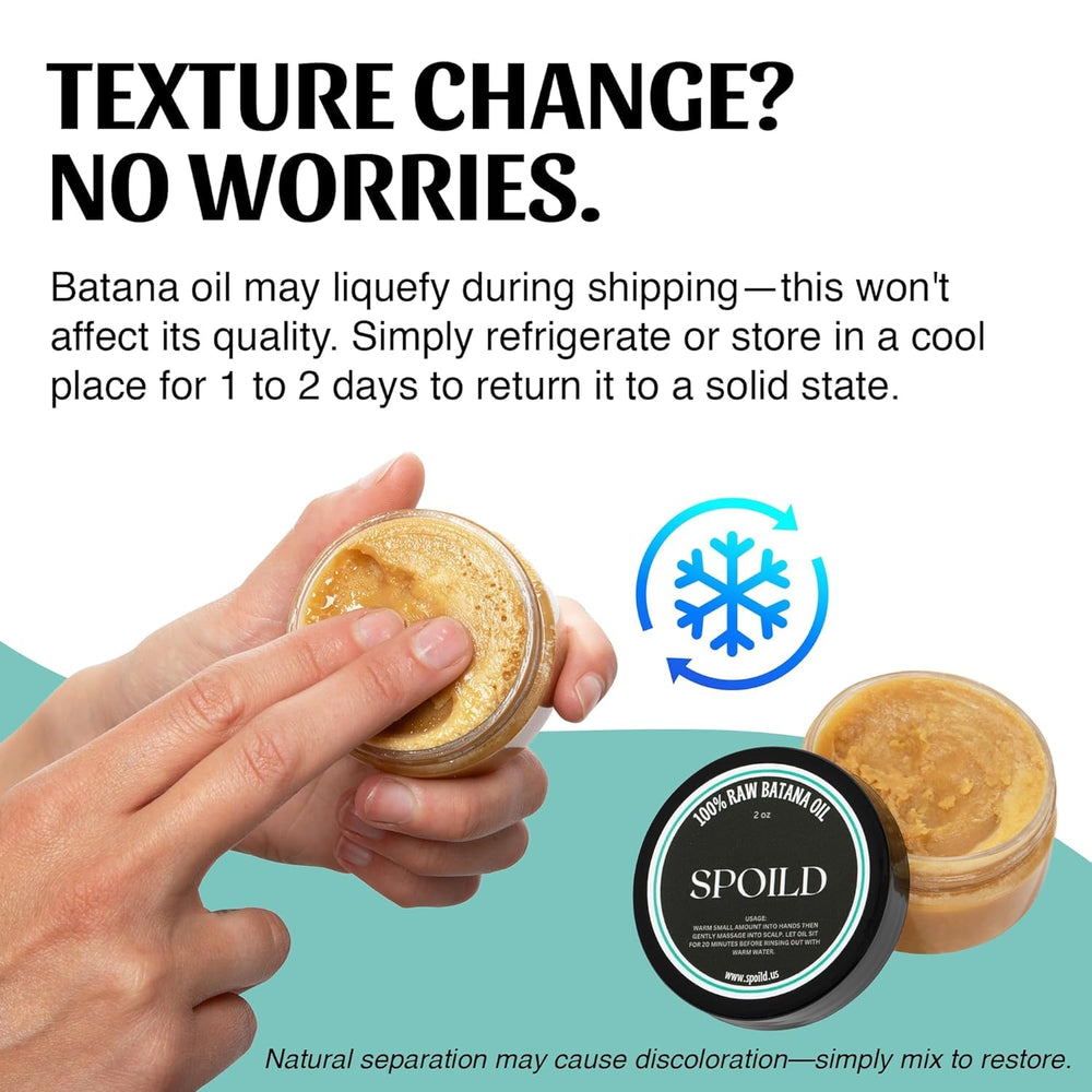 SPOILD Batana oil texture shows liquid form, signaling pure oil ready for application.