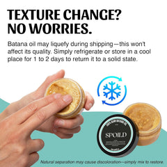 SPOILD Batana oil texture shows liquid form, signaling pure oil ready for application.
