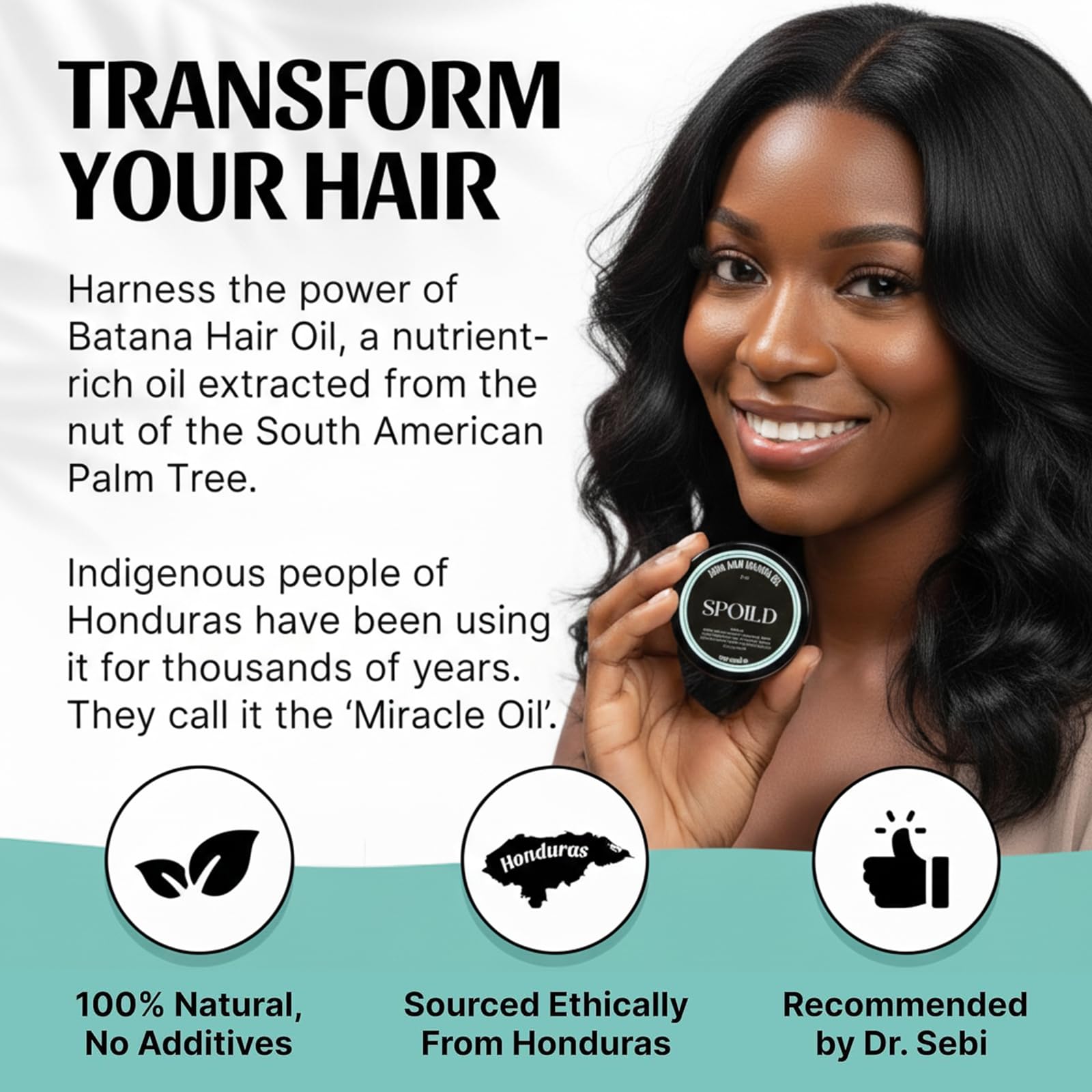 SPOILD Batana oil on wooden spoon demonstrates easy scalp massage and absorption.