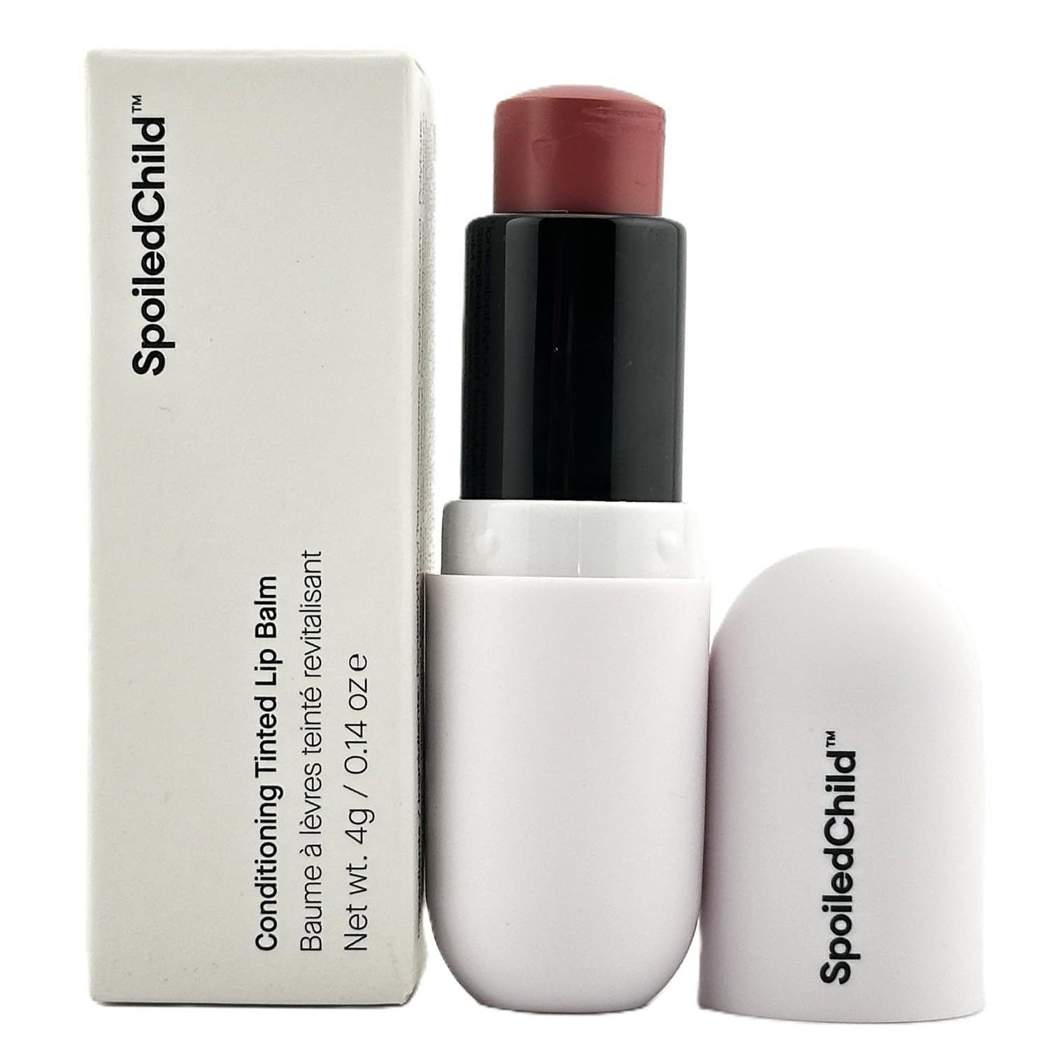 SpoiledChild conditioning tinted lip balm plum tube closeup shows smoothing, hydrating lip care.