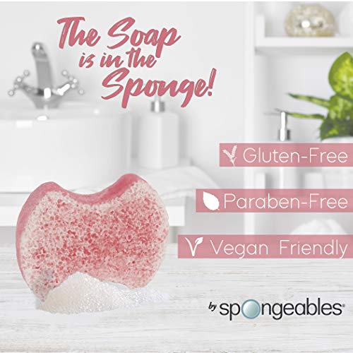 Spongables Pedi Scrub creamy lavender lather close-up highlighting built-in soap inside sponge