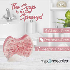 Spongables Pedi Scrub creamy lavender lather close-up highlighting built-in soap inside sponge