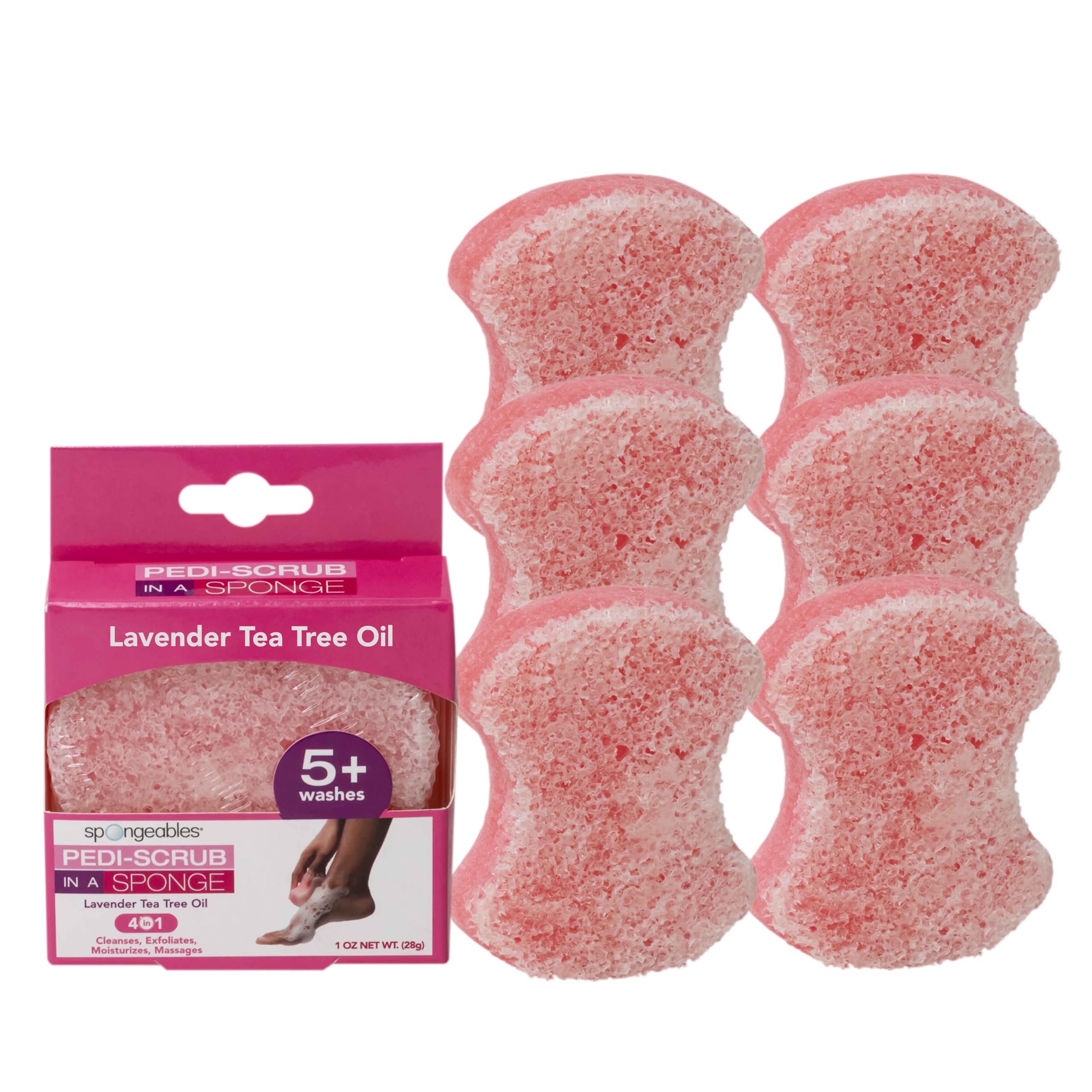 Spongables Pedi Scrub lavender pack shows dual-textured sponge for exfoliation and cleansing