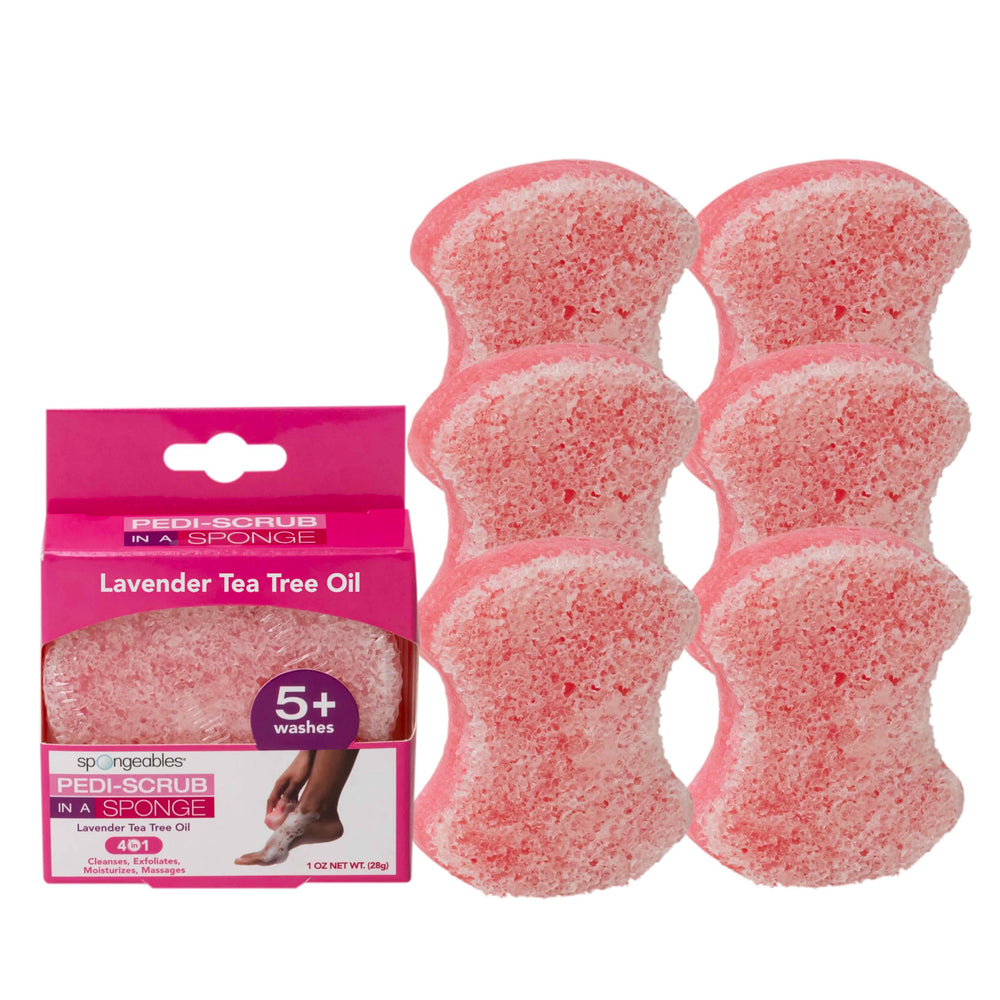 Spongables Pedi Scrub lavender pack shows dual-textured sponge for exfoliation and cleansing